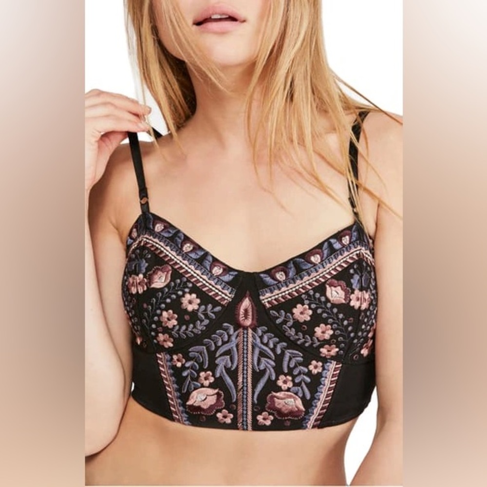 Free People Emilia Embroidered Longline Bralette NWT X Small Black Combo